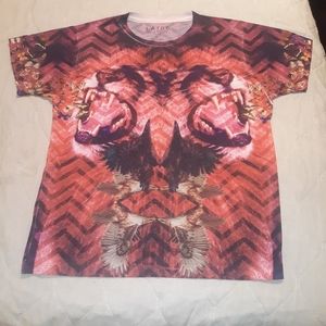L.A.T.H.C. Red Pink Multicolor Abstract Animal Printed Polyester T-Shirt Size M